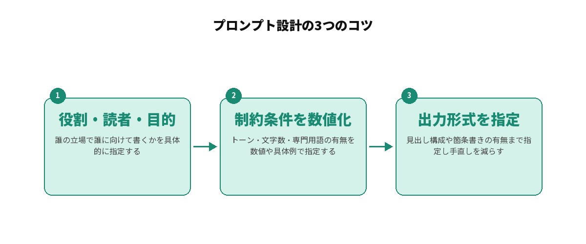 プロンプト設計の3つのコツを示す図解: 1.役割・読者・目的を明確に指定する、2.トーン・文字数などの制約条件を数値で与える、3.出力形式を指定して手直しコストを下げる、という3つのポイントを並べた図