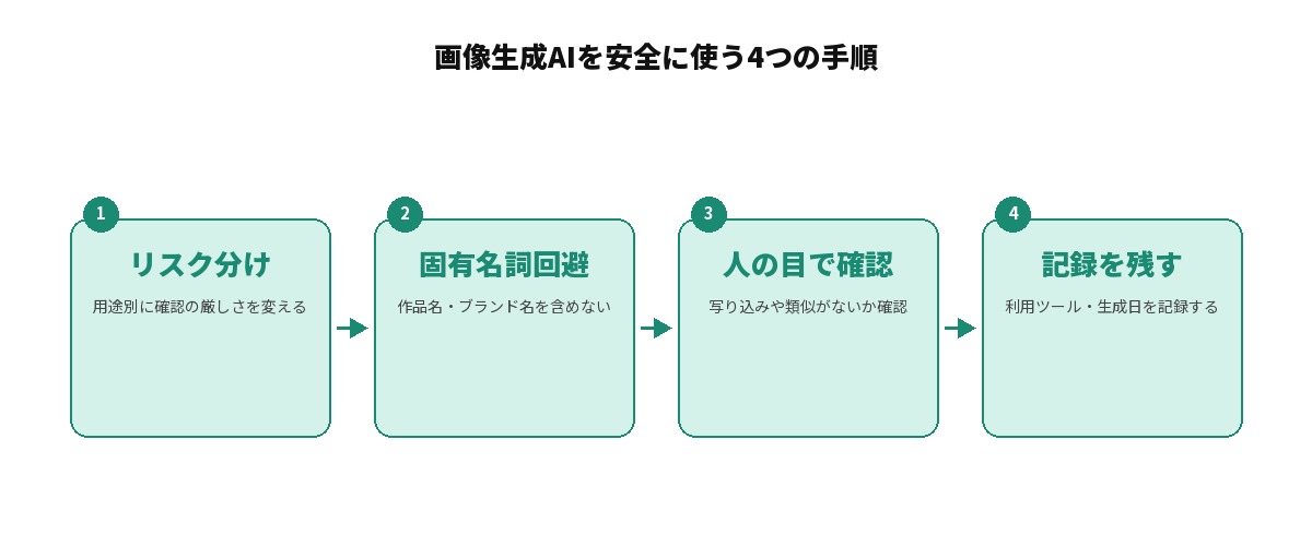 画像生成AIを安全に使う4つの手順を示すフロー図: リスク分け(用途別に確認の厳しさを変える)、固有名詞回避(作品名・ブランド名を含めない)、人の目で確認(写り込みや類似がないか確認)、記録を残す(利用ツール・生成日を記録する)を矢印でつないでいる