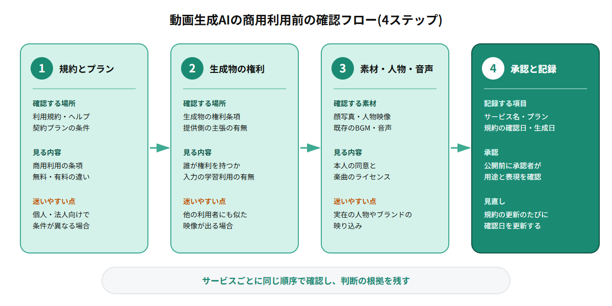 動画生成AIの商用利用前の確認フローとして、ステップ1で利用規約とプランを確認し、ステップ2で生成物の権利の扱いを確認し、ステップ3で入力する人物・音声・BGM・素材の権利を確認し、ステップ4で社内承認と記録を行う4ステップを示すフロー図