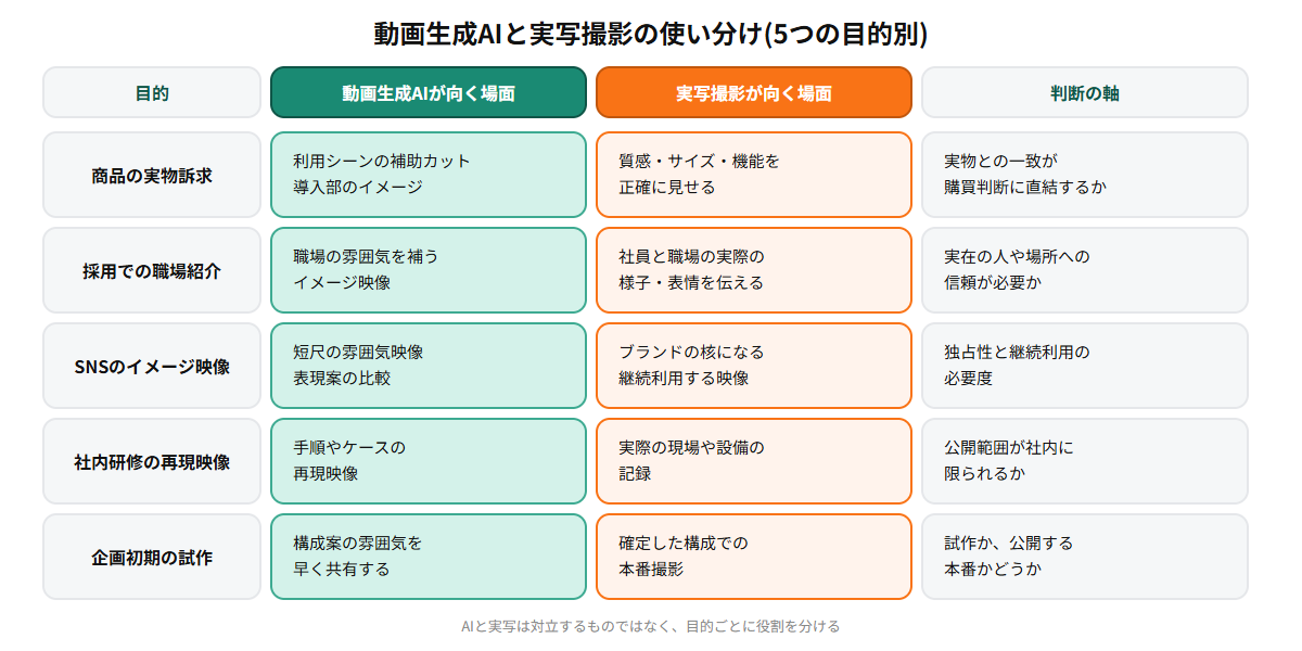 動画生成AIと実写撮影の使い分けを、商品の実物訴求、採用での職場紹介、SNSのイメージ映像、社内研修の再現映像、企画初期の試作の5つの目的ごとに、向き不向きと判断の軸で整理したマトリクス図
