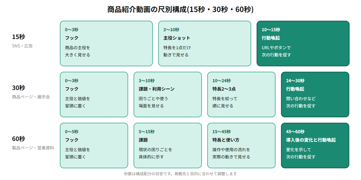 商品紹介動画の尺別構成を示すタイムライン図。15秒は冒頭のフック、主役ショット、行動喚起の3パート。30秒はフック、課題や利用シーン、特長2〜3点、行動喚起の4パート。60秒はフック、課題、特長と使い方、導入後の変化と行動喚起の4パートで、それぞれの秒数配分を並べて比較している